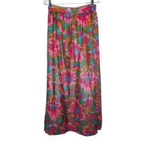 Vintage 1970s Handmade A-line Maxi Skirt, Pink & Green Floral Shimmer Sz M